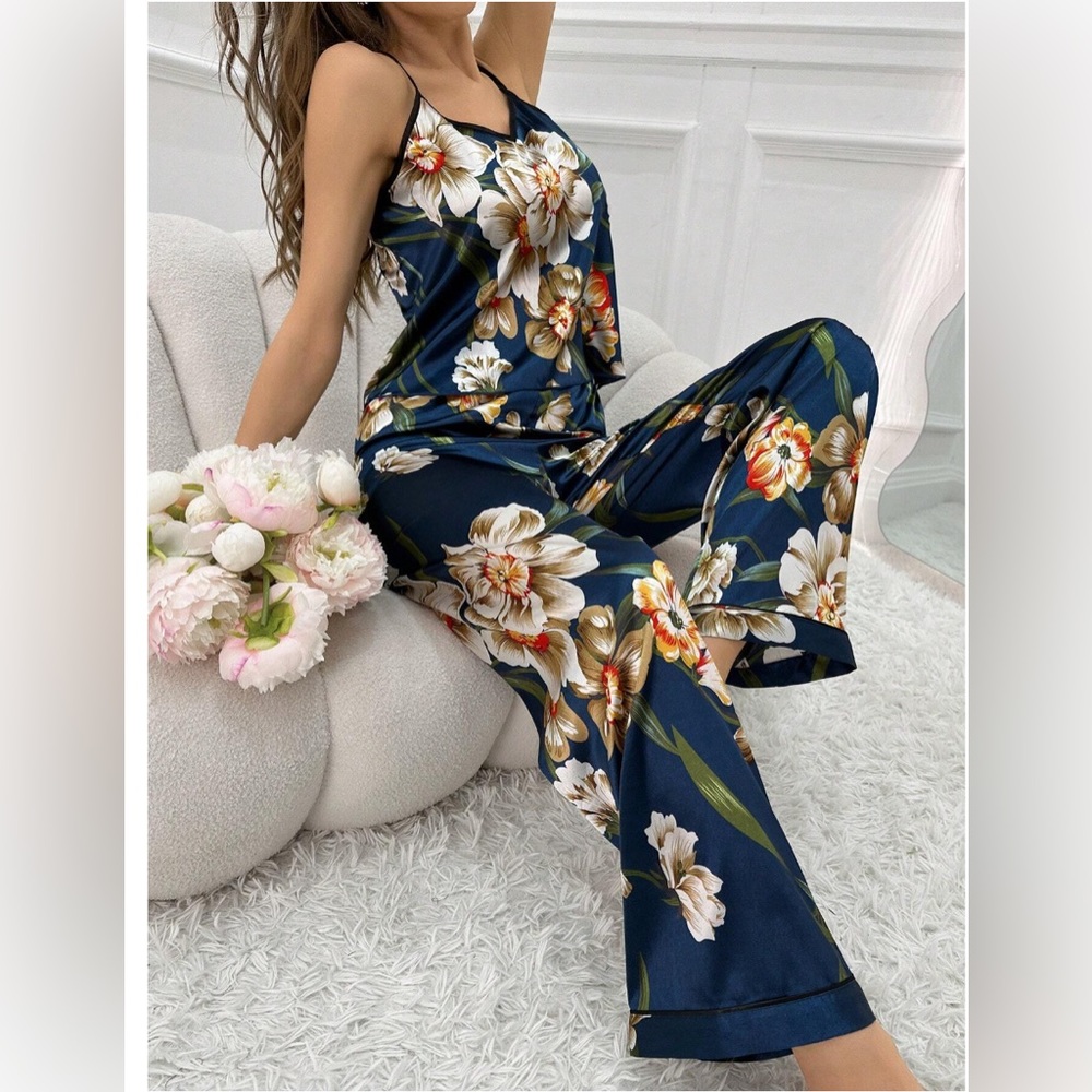 LAST ONE π₯ Navy Blue Floral Printed Satin Cami Top Pyjama Set - Picture 3 of 6